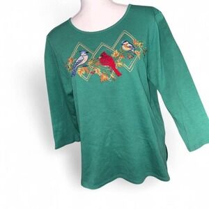 Alfred Dunner Embroidered Cardinal Blue Birds Green Shirt 3/4 Sleeves Ladies S